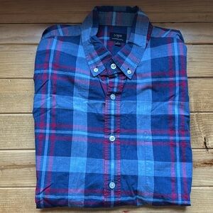 🍀 LIKE NEW J Crew Men’s Heathered Cotton Button Down Red/Blue Plaid size Large